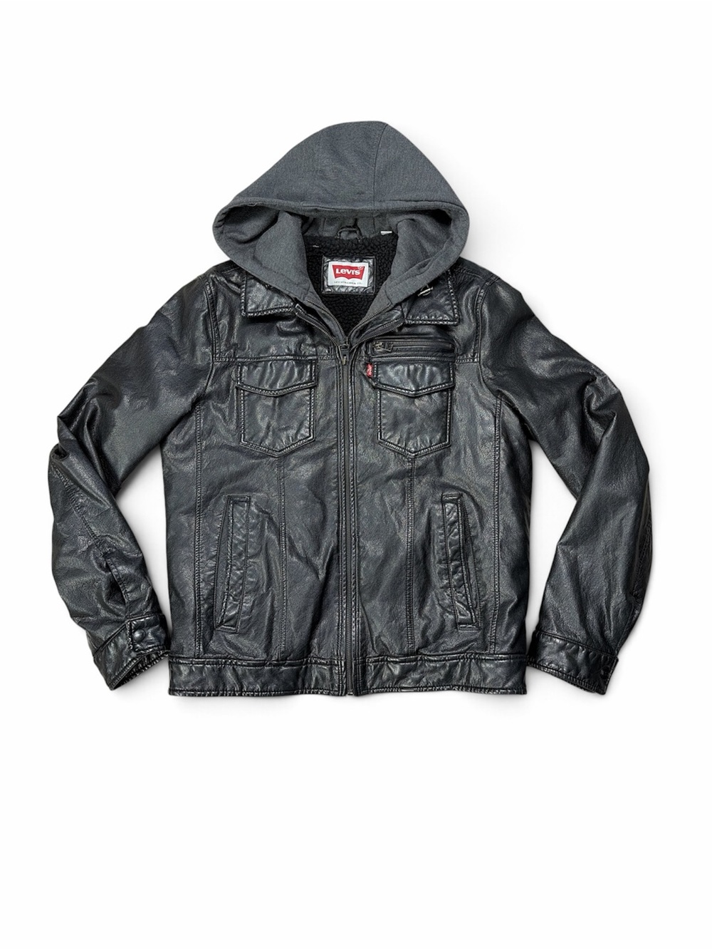 Levis Mens Small Black Faux Leather Hooded Jacket Sherpa Lined LM5KU027